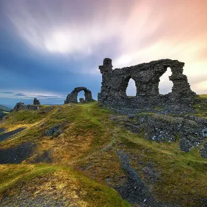 Dinas Bran Castle at sunset during summer, Llangollen, Denbighshire, Wales, United Kingdom Dinas Bran Castle at sunset during summer, Llangollen, Denbighshire, Wales, United Kingdom