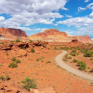 Dirt road and Whiskey Flat seen from Panorama Point, Capitol Reef National Park, Utah, Western United States, USA Dirt road and Whiskey Flat seen from Panorama Point, Capitol Reef National Park, Utah, Western United States, USA