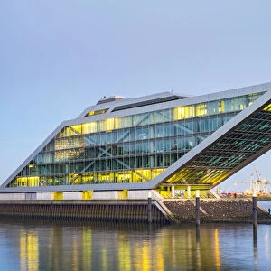 Dockland office building on the Elbe River after sunset, Altona-Altstadt, Hamburg