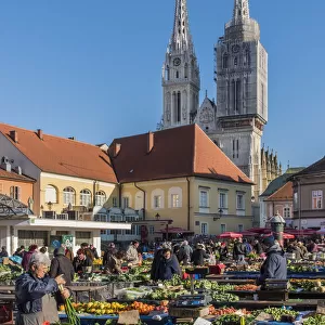 Dolac Market with Zagreb Cathedral in the background, Zagreb, Croatia