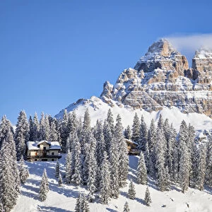 Dolomites, Italy, Veneto, Auronzo di Cadore. Tre Cime di Lavaredo in winter seen