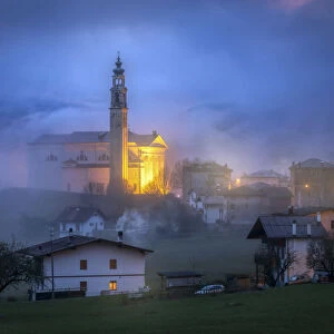 Domegge di Cadore at dusk with the church of San Giorgio martire, Cadore, Belluno, Veneto