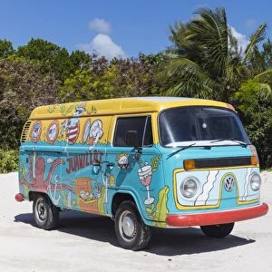 Dominican Republic, Punta Cana, Cap Cana, Colourful Volkswagen van parked on Juanillo
