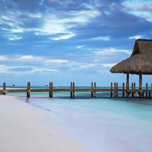 Dominican Republic, Punta Cana, Playa Blanca, Wooden pier with thatched hut