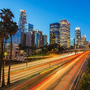 Downtown skyline at sunrise, Los Angeles, California, USA