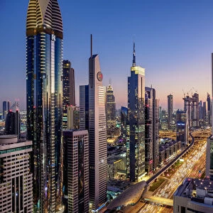 Dubai International Financial Centre at dusk, elevated view, Dubai, United Arab Emirates
