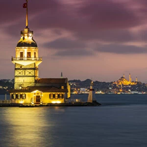 Dusk view over Maidens Tower or Kiz Kulesi, Uskudar, Istanbul, Turkey