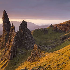 Early morning sunlight at the Old Man of Storr on the Isle of Skye, Scotland. Autumn