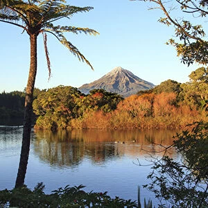 Early morning view of Mount Taranaki from Lake Mangamahoe, New Plymouth, New Zealand