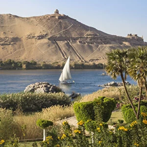 Egypt, Upper Egypt, Aswan, Elephantine Island, View of river Nile and Tombs of the