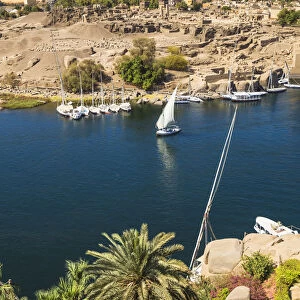 Egypt, Upper Egypt, Aswan, View towards Khnum ruins on Elephantine Island from the
