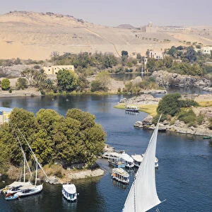Egypt, Upper Egypt, Aswan, View of The River Nile and The Mausoleum of Aga Khan