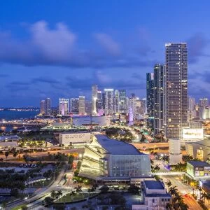 Elevated view over Biscayne Boulevard and the skyline of Miami, Florida, USA