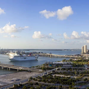 Elevated view over Biscayne Boulevard and the skyline of Miami, Florida, USA