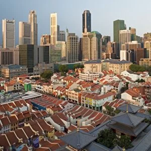 Elevated view over Chinatown, the new Buddha Tooth Relic temple and modern city skyline