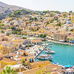 Elevated view over the colourful harbour in Symi, Dodecanese Islands, Greece