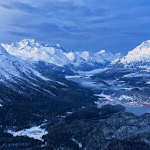 Elevated view of high Engadine at dusk. Engadine valley, Canton of Grisons, Switzerland