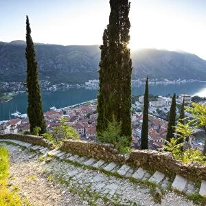 Elevated view over Kotors Stari Grad (Old Town) and The Bay of Kotor, Kotor, Montenegro