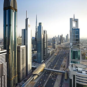 Elevated view over the modern Skyscrapers along Sheikh Zayed Road looking towards