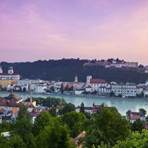 Elevated view over Old Town Passau and The River Danube illuminated at Dawn, Passau