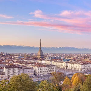 Elevated view of old town of Turin(Torino) at sunset. Piemonte region, Italy, Europe