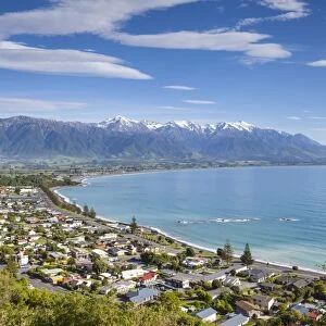Elevated view over the picturesque coastal town of Kaikoura, Kaikoura, South Island