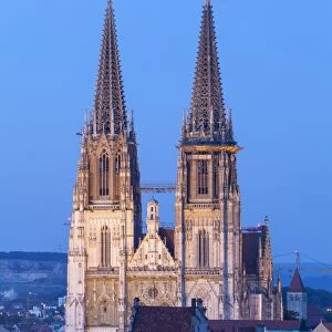 Elevated view towards St. Peters Cathedral illuminated at Dusk, Regensburg, Upper Palatinate