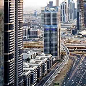 Elevated view of traffic along Sheikh Zayed Road, Dubai, United Arab Emirates
