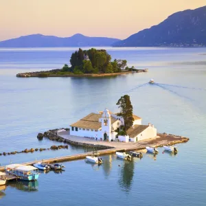 Elevated View to Vlacherna Monastery and the Church of Pantokrator on Mouse Island