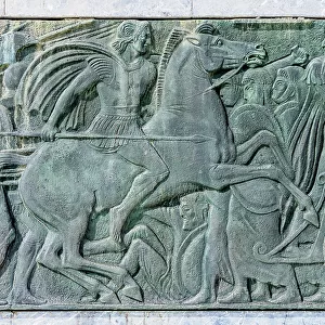 Embossment of the Battle of Issus in 333 B. C. where the army of Alexander the Great defeated the Persian king Darius III, Monument of Alexander the Great, Thessaloniki, Central Macedonia, Greece
