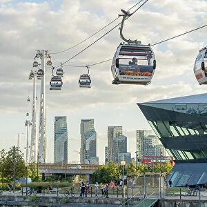 Emirates Airline Cable car and the crystal Building, London, England, UK