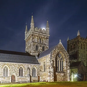 England, Dorset, Wimborne, Wimborne Minster Church at Night