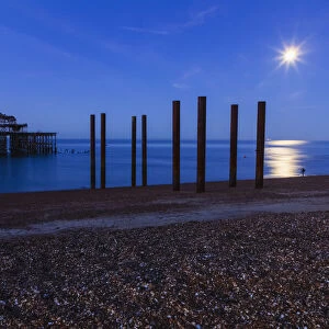 England, East Sussex, Brighton, , Brighton Beach, The Ruins of West Pier at Night