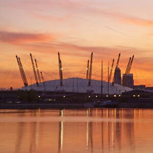 England, London, Newham, O2 Arena reflecting in Royal Victoria Docks