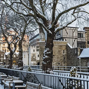 England, London, Tower of London and Modern Offices in the Snow