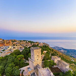 Erice, Sicily. Aerial of the Norman castle at sunrise, view towards Trapani