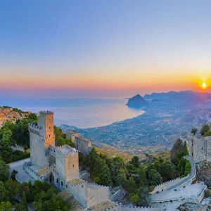 Erice, Sicily. Aerial view of the Norman castle at sunrise