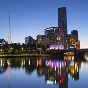 Eureka Tower and skyline along Yarra River at dusk, Melbourne, Victoria, Australia
