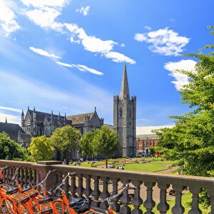 Europe, Dublin, Ireland, Bikes parking in the gardens at St. Patrick Cathedral