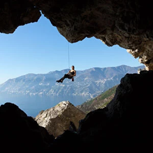 Europe, italy, Campania, Salerno district, Amalfi coast. Climber downhill