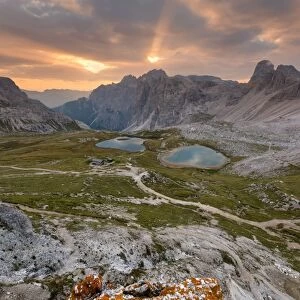 Europe, Italy, Dolomites, South Tyrol, Bolzano. Piani lakes at sunrise