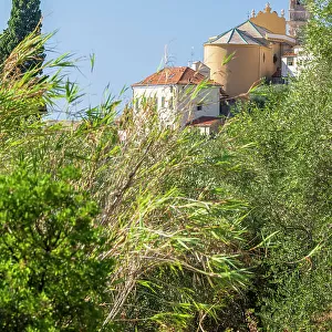 Europe, Italy, Liguria, A glimps of Cervo and its church from the hiking path