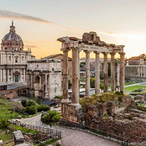 Europe, Italy, Rome. The Forum Romanum with the Saturn temple at dawn
