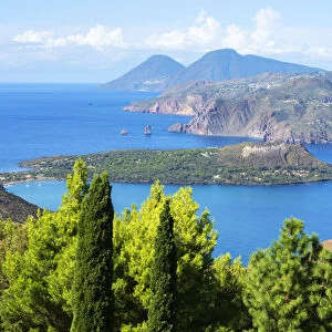 Europe, Italy, Sicily, Aeolian Islands, Vulcano Island, High angle view of Lipari