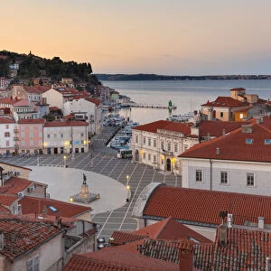 Europe, Slovenia, Istria, Piran. View on Tartini Square and the city center at dusk