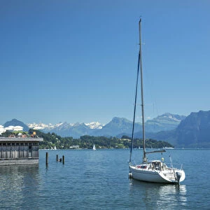 Europe, Switzerland, Lucerne, View of the alps and lake