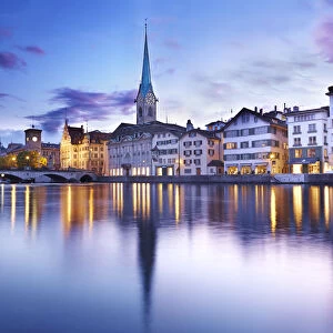 Europe, Switzerland, Zurich, a night time view of the clocktower of Fraumunster cathedral
