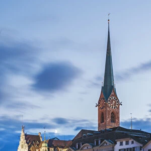 Europe, Switzerland, Zurich, night time view of the clocktower of Fraumunster cathedral