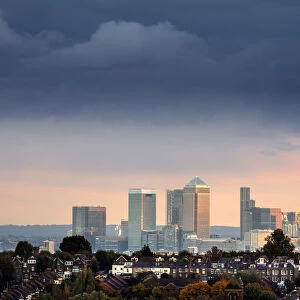Europe, UK, England, London, docklands, skyline view of downtown London showing suburban