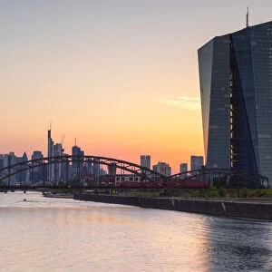 European Central Bank at sunset, Frankfurt, Hesse, Germany